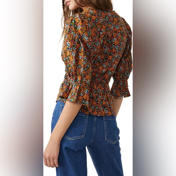 Free People I Found You Navy Combo Floral Print Blouse Button Down Top Small - Picture 3 of 7